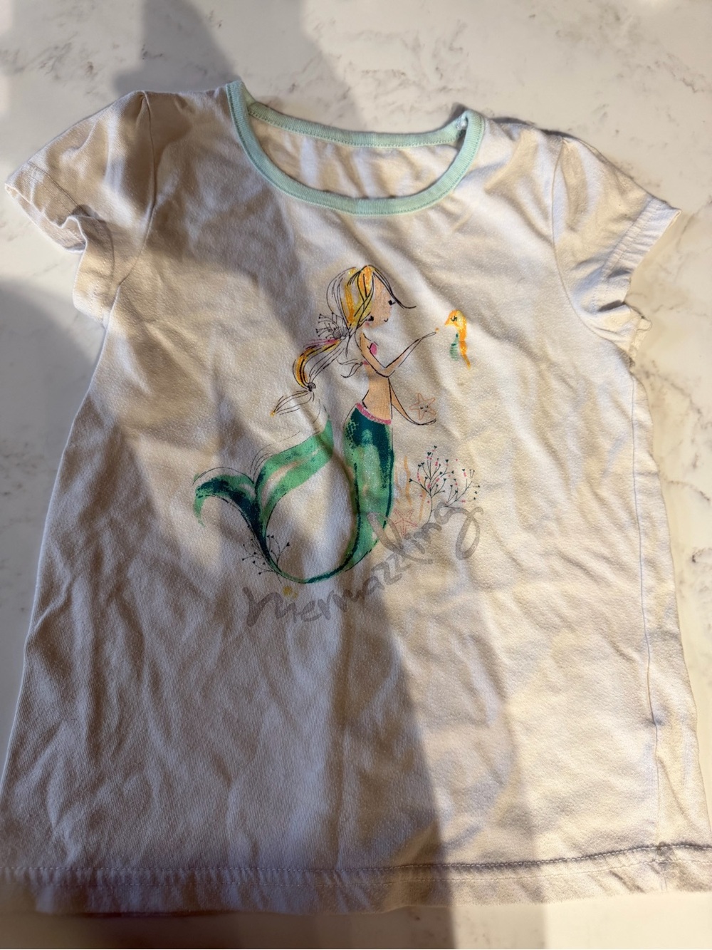 White Kids Mermaid Graphic Tee with Mint Trim